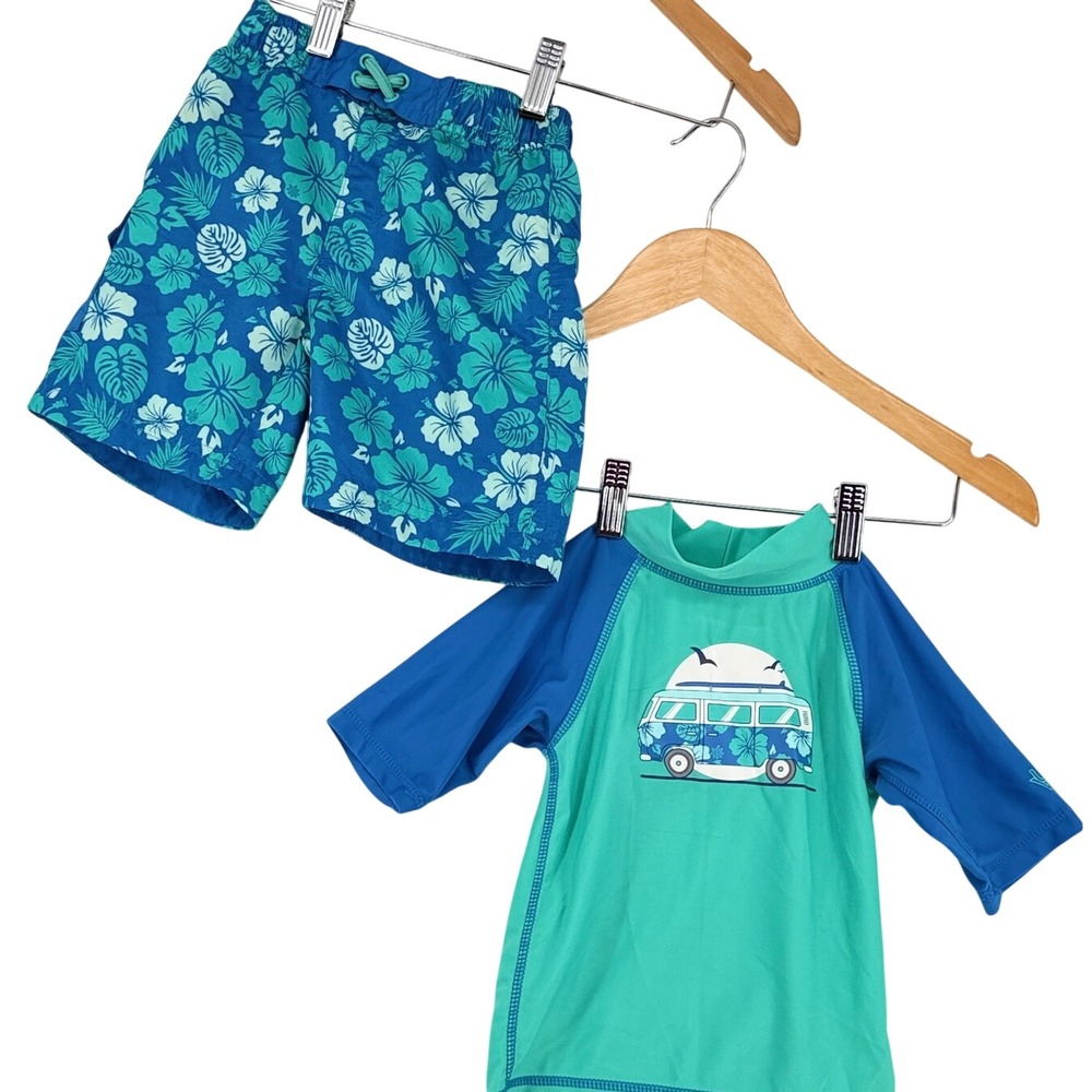 UV Skinz Boys 2 Piece Swim Set Rash Guard Trunks Blue Teal Floral Van 4T UPF 50+